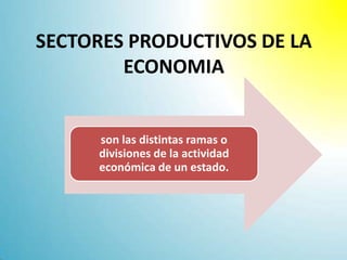 SECTORES PRODUCTIVOS DE LA
ECONOMIA
son las distintas ramas o
divisiones de la actividad
económica de un estado.
 