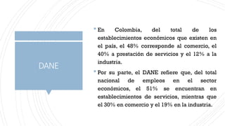 DANE
 En Colombia, del total de los
establecimientos económicos que existen en
el país, el 48% corresponde al comercio, el
40% a prestación de servicios y el 12% a la
industria.
 Por su parte, el DANE refiere que, del total
nacional de empleos en el sector
económicos, el 51% se encuentran en
establecimientos de servicios, mientras que
el 30% en comercio y el 19% en la industria.
 