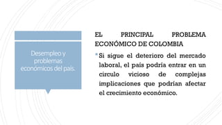 Desempleoy
problemas
económicosdelpaís.
EL PRINCIPAL PROBLEMA
ECONÓMICO DE COLOMBIA
Si sigue el deterioro del mercado
laboral, el país podría entrar en un
circulo vicioso de complejas
implicaciones que podrían afectar
el crecimiento económico.
 