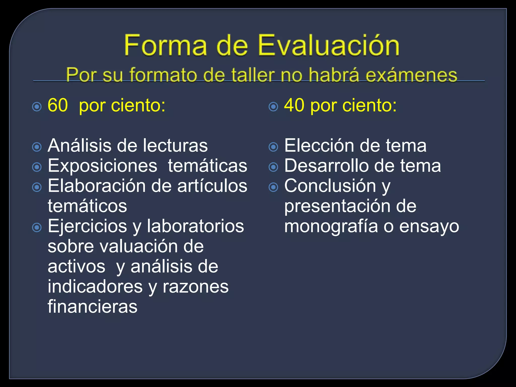  60 por ciento: 
 Análisis de lecturas 
 Exposiciones temáticas 
 Elaboración de artículos 
temáticos 
 Ejercicios y laboratorios 
sobre valuación de 
activos y análisis de 
indicadores y razones 
financieras 
 40 por ciento: 
 Elección de tema 
 Desarrollo de tema 
 Conclusión y 
presentación de 
monografía o ensayo 

