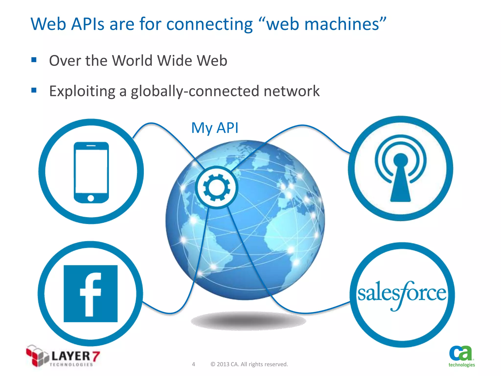 Web APIs are for connecting “web machines”
 Over the World Wide Web
 Exploiting a globally-connected network

My API

4

© 2013 CA. All rights reserved.

 