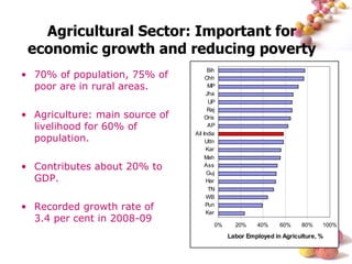 Agricultural Sector: Important for economic growth and reducing poverty 70% of population, 75% of poor are in rural areas. Agriculture: main source of livelihood for 60% of population. Contributes about 20% to GDP. Recorded growth rate of 3.4 per cent in 2008-09  