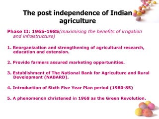 Phase II: 1965-1985 (maximising the benefits of irrigation and infrastructure) 1. Reorganization and strengthening of agricultural research, education and extension. 2. Provide farmers assured marketing opportunities.  3. Establishment of The National Bank for Agriculture and Rural Development (NABARD). 4. Introduction of Sixth Five Year Plan period (1980-85)  5. A phenomenon christened in 1968 as the Green Revolution.  The post independence of Indian agriculture 