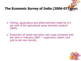 Fishing, aquaculture and allied activities made for 5.3 per cent of the agricultural gross domestic product (GDP). Production of wheat and other rabi crops increased with the rains in February 2007 -- sugarcane, cotton, and jute to set new records.  The Economic Survey of India (2006-07) says: 