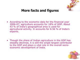 More facts and figures According to the economic data for the financial year 2006-07, agriculture accounts for 18% of GDP. About 43 % of India's geographical area is used for agricultural activity. It accounts for 8.56 % of India’s exports. Though the share of Indian agriculture in the GDP has steadily declined, it is still the single largest contributor to the GDP and plays a vital role in the overall socio-economic development of India.  
