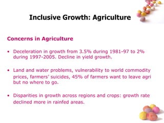 Inclusive Growth: Agriculture Concerns in Agriculture Deceleration in growth from 3.5% during 1981-97 to 2% during 1997-2005. Decline in yield growth. Land and water problems, vulnerability to world commodity prices, farmers’ suicides, 45% of farmers want to leave agri but no where to go. Disparities in growth across regions and crops: growth rate declined more in rainfed areas. 