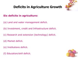Deficits in Agriculture Growth Six deficits in agriculture: (a) Land and water management deficit. (b) Investment, credit and Infrastructure deficit. (c) Research and extension (technology) deficit. (d) Market deficit. (e) Institutions deficit. (f) Education/skill deficit. 