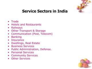 Service Sectors in India Trade Hotels and Restaurants Railways Other Transport & Storage Communication (Post, Telecom) Banking Insurance Dwellings, Real Estate Business Services Public Administration, Defense. Personal Services Community Services Other Services 