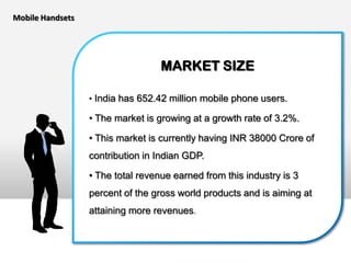 Mobile Handsets




                                   MARKET SIZE

                  • India has 652.42 million mobile phone users.

                  • The market is growing at a growth rate of 3.2%.

                  • This market is currently having INR 38000 Crore of
                  contribution in Indian GDP.

                  • The total revenue earned from this industry is 3
                  percent of the gross world products and is aiming at
                  attaining more revenues.
 