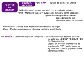 FUENTES DE ENERGÍA ENERGÍA NUCLEAR Por  FISIÓN  – Ruptura de átomos de uranio  1969 – Comenzó su uso, aumentó con la crisis del petróleo. 1984 – Moratoria nuclear = suspensión temporal por la oposición    popular ante riesgos de accidentes   dependencia del ext   almacenamiento de residuos  Producción – Gracias a las importaciones de uranio de Níger Usos – Producción de energía eléctrica, medicina y radiología. Por  FUSIÓN  – Unión de isótopos de hidrógeno  – En experimentación debido a su extre-   ma potencia. NO DEJA RESIDUO = ES   ENERGÍA LIMPIA.   España en proyecto internacional de   investigación ITER (reactor capaz de   aguantar esa potencia y que sea viable   económicamente). 