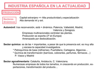 INDUSTRIA   ESPAÑOLA EN LA ACTUALIDAD PRODUCCIÓN Sectores  dinámicos Capital extranjero => Alta productividad y especialización Alta demanda int y ext. Automóvil : tras reconversión, está + dinámico. Palencia, Valladolid, Madrid,   Valencia y Zaragoza. Empresas multinacionales controlan las plantas. Producción se exporta (3º en Europa) Amenazado por deslocalización. Sector químico : es de las + importantes, a pesar de que la presencia ext. es muy alta y escasa la capacidad investigadora. * Petroquímica de base (refinerías). Puertollano, Cartagena, Algeciras… * Química de transformación (barnices, colorantes, perfumes, fármacos…)   P. Vasco y Madrid Sector agroalimentario : Cataluña, Andalucía, C. Valenciana. Numerosas empresas de todos los tamaños, in crescendo en producción, ex- portaciones, transformación del producto… 