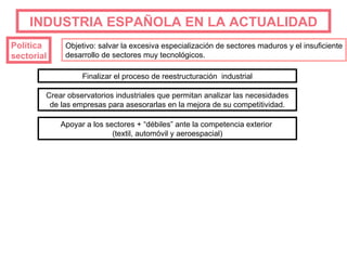 INDUSTRIA   ESPAÑOLA EN LA ACTUALIDAD Política  sectorial Finalizar el proceso de reestructuración  industrial Objetivo: salvar la excesiva especialización de sectores maduros y el insuficiente desarrollo de sectores muy tecnológicos. Crear observatorios industriales que permitan analizar las necesidades de las empresas para asesorarlas en la mejora de su competitividad. Apoyar a los sectores + “débiles” ante la competencia exterior  (textil, automóvil y aeroespacial) 