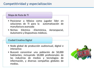 Competitividad y especialización


   Mapa de Ruta de TI

  • Posicionar a México como jugador líder en
    soluciones de TI para la automatización de
    manufactura avanzada
  • Nichos: Eléctrico –Electrónica, Aeroespacial,
    Automotriz y Dispositivos médicos.

   Ciudad Creativa Digital

  • Nodo global de producción audiovisual, digital e
    interactiva
  • Buscará concentrar una población de 50,000
    habitantes; incluyendo 10,000 profesionales de
    las industrias de medios y tecnologías de
    información, y diversas compañías globales de
    medios.
 