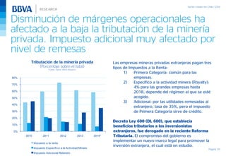 Disminución de márgenes operacionales ha
afectado a la baja la tributación de la minería
privada. Impuesto adicional muy afectado por
nivel de remesas
Página 30
Tributación de la minería privada
(Porcentaje sobre el total)
Fuente: Dipres, BBVA Research
Las empresas mineras privadas extranjeras pagan tres
tipos de Impuestos a la Renta:
1) Primera Categoría: común para las
empresas.
2) Específico a la actividad minera (Royalty):
4% para las grandes empresas hasta
2018, depende del régimen al que se esté
acogido.
3) Adicional: por las utilidades remesadas al
extranjero, tasa de 35%, pero el impuesto
de Primera Categoría sirve de crédito.
Decreto Ley 600 (DL 600), que establecía
beneficios tributarios a los inversionistas
extranjeros, fue derogado en la reciente Reforma
Tributaria. El compromiso del gobierno es
implementar un nuevo marco legal para promover la
inversión extranjera, el cual está en estudio.
0%
10%
20%
30%
40%
50%
60%
70%
80%
2010 2011 2012 2013 2014*
Impuesto a la renta
Impuesto Específico a la Actividad Minera
Impuesto Adicional Retenido
 