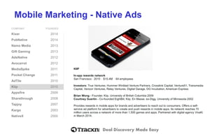 Deal Discovery Made Easy
Mobile Marketing - Native Ads
COMPANY FOUNDED
Kixer 2014
PubNative 2014
Namo Media 2013
Gift Gaming 2013
AdsNative 2012
Avocarrot 2012
MediaSpike 2011
Pocket Change 2011
AdTile 2010
Kiip 2010
Appsfire 2009
Sharethrough 2008
Tapjoy 2007
Kargo 2003
NativeX 2000
KIIP
In-app rewards network
San Francisco ⋅ 2010 ⋅ $15.4M ⋅ 64 employees
Investors: True Ventures, Hummer Winblad Venture Partners, Crosslink Capital, Venture51, Transmedia
Capital, Verizon Ventures, Relay Ventures, Digital Garage, DG Incubation, American Express
Brian Wong - Founder, Kiip. University of British Columbia 2009
Courtney Guertin - Co-founded EightBit, Kiip, En Masse. ex-Digg. University of Minnesota 2002
Provides rewards in mobile apps for brands and advertisers to reach out to consumers. Offers a self-
service ad platform for advertisers to create and push rewards in mobile apps. Its network reaches 70
million users across a network of more than 1,500 games and apps. Partnered with digital agency VivaKi
in March 2014.
 