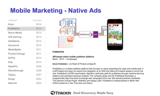 Deal Discovery Made Easy
Mobile Marketing - Native Ads
COMPANY FOUNDED
Kixer 2014
PubNative 2014
Namo Media 2013
Gift Gaming 2013
AdsNative 2012
Avocarrot 2012
MediaSpike 2011
Pocket Change 2011
AdTile 2010
Kiip 2010
Appsfire 2009
Sharethrough 2008
Tapjoy 2007
Kargo 2003
NativeX 2000
PUBNATIVE
API-based native mobile publisher platform.
Berlin ⋅ 2014 ⋅ 7 employees
Ionut Ciobotaru - ex-Head of Product at AppLift.
PubNative is a mobile publisher platform fully focused on native advertising for apps and mobile web. It
is API-based and does not require the integration of an SDK and offers 20 creative assets to enrich the
ads. PubNative’s eCPM maximization algorithm optimizes yield for publishers through machine learning
patterns and predictive behavior analysis. The company plugs into the PubNative Exchange, a
programmatic App Promotion Exchange with campaigns from over 300 demand partners worldwide.
The partners include Pinger, Webelinx and Happy Labs. PubNative is headquartered in Berlin with
further presence in San Francisco and Seoul.
 
