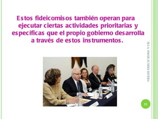 E s tos fideicomis os también operan para
   ejecutar ciertas ac tividades prioritarias y
es pecíficas que el propio gobierno des arrolla
        a través de es tos ins trumentos .




                                                  M.I.A. OMAR JUÁREZ RIVERA
                                              21
 