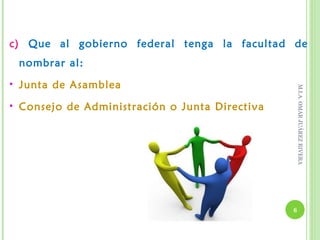 c) Que al gobierno federal tenga la facultad de
    nombrar al:
   Junta de Asamblea




                                                      M.I.A. OMAR JUÁREZ RIVERA
   Consejo de Administración o Junta Directiva




                                                  6
 