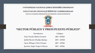 UNIVERSIDAD NACIONAL JORGE BASADRE GROHMANN
FACULTAD DE CIENCIAS JURÍDICAS Y EMPRESARIALES
ESCUELA ACADÉMICA PROFESIONAL DE DERECHO Y CIENCIAS POLÍTICAS
“SECTOR PÚBLICO Y PRESUPUESTO PÚBLICO”
Estudiantes:
- Tany Natalia Merlin Condori
- Judith Beatriz Huallpa Quispe
- Ayme Milagros Vilca Choque
- Jazmine Angie Vargas Calizaya
Códigos:
2017 –127019
2017 - 127035
2017 - 127041
2017 - 127041
 