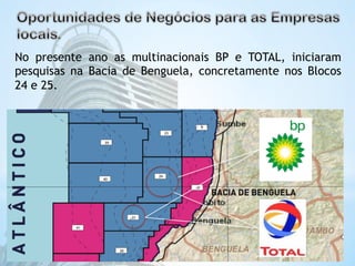 No presente ano as multinacionais BP e TOTAL, iniciaram 
pesquisas na Bacia de Benguela, concretamente nos Blocos 
24 e 25. 
 