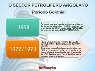 • Foi construída em Luanda a primeira refinaria, 
de pequena dimensão, 100.000 ton/ano, ou 
seja, cerca de 2000 bbl/d, pela PETRANGOL, 
pertencente ao grupo Bela PETROFINA, S.A. 1958 
• Houve um aumento na refinaria de Luanda 
para 1,5 milhões de ton/ano, cerca de 30.000 
bbl/mês. 
• Trata-se de uma refinaria convencional do tipo 
"Hidro Skimming" cuja actividade está 
essencialmente vocacionada para a produção 
de LPG, Gasolina, Jet, Fuel e Gasóleo para o 
mercado interno Angolano. 
1972/1973 
 