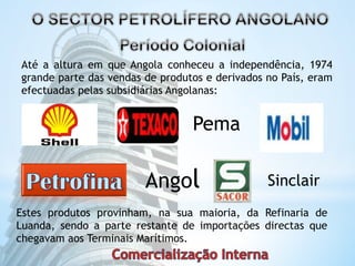 Até a altura em que Angola conheceu a independência, 1974 
grande parte das vendas de produtos e derivados no País, eram 
efectuadas pelas subsidiárias Angolanas: 
Pema 
Angol 
Sinclair 
Estes produtos provinham, na sua maioria, da Refinaria de 
Luanda, sendo a parte restante de importações directas que 
chegavam aos Terminais Marítimos. 
 