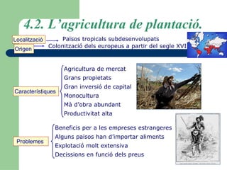 4.2. L’agricultura de plantació. Localització   Països tropicals subdesenvolupats   Origen   Colonització dels europeus a partir del segle XVI  Característiques   Agricultura de mercat  Grans propietats   Gran inversió de capital  Monocultura   Mà d’obra abundant  Productivitat alta   Problemes   Beneficis per a les empreses estrangeres   Alguns països han d’importar aliments   Explotació molt extensiva  Decissions en funció dels preus   