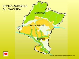 ZONAS AGRARIAS  DE  NAVARRA MONTAÑA ZONA  MEDIA RIBERA Hacer clic en los nombres para acceder a cada zona.  