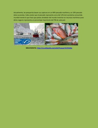 Actualmente, las pesquerías basan sus capturas en un 90% pescado marítimo y un 10% pescado
dulce-acuícolas. Cabe anotar que el pescado representa cerca del 12% de la proteína consumida
mundial-mente lo que hace que países alrededor del mundo inviertan en recursos marítimos pues
dicho negocio representa un porcentaje importante del PIB de cada país




                BIBLIOGRAFIA: http://es.wikipedia.org/wiki/Pesquer%C3%ADa
 