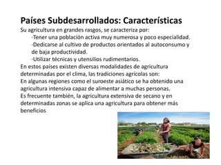 Países Subdesarrollados: Características
Su agricultura en grandes rasgos, se caracteriza por:
·Tener una población activa muy numerosa y poco especialidad.
·Dedicarse al cultivo de productos orientados al autoconsumo y
de baja productividad.
·Utilizar técnicas y utensilios rudimentarios.
En estos países existen diversas modalidades de agricultura
determinadas por el clima, las tradiciones agrícolas son:
En algunas regiones como el suroeste asiático se ha obtenido una
agricultura intensiva capaz de alimentar a muchas personas.
Es frecuente también, la agricultura extensiva de secano y en
determinadas zonas se aplica una agricultura para obtener más
beneficios
16
 