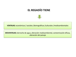 VENTAJAS: económicas / sociales /demográficas /culturales /medioambientales
DESVENTAJAS: derroche de agua, alteración medioambiental, contaminación difusa,
alteración del paisaje
EL REGADÍO TIENE
 