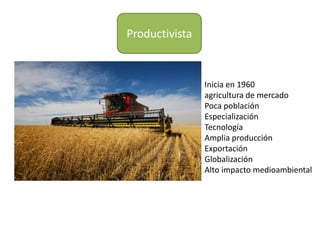 Productivista
Inicia en 1960
agricultura de mercado
Poca población
Especialización
Tecnología
Amplia producción
Exportación
Globalización
Alto impacto medioambiental
 