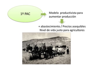 1º PAC Modelo productivista para
aumentar producción
+ abastecimiento / Precios asequibles
Nivel de vida justo para agricultores
 