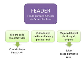 FEADER
Fondo Europeo Agrícola
de Desarrollo Rural
Mejora de la
competitividad
Conocimiento
Innovación
Cuidado del
medio ambiente y
paisaje rural
Mejora del nivel
de vida y el
empleo
Evitar
despoblamiento
rural
 