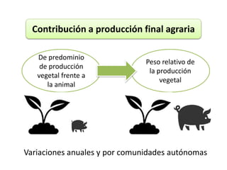 Contribución a producción final agraria
De predominio
de producción
vegetal frente a
la animal
Peso relativo de
la producción
vegetal
Variaciones anuales y por comunidades autónomas
 