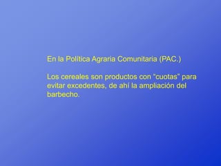 En la Política Agraria Comunitaria (PAC.)

Los cereales son productos con “cuotas” para
evitar excedentes, de ahí la ampliación del
barbecho.
 