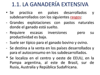 1.1. LA GANADERÍA EXTENSIVA
• Se practica en países desarrollados y
  subdesarrollados con los siguientes rasgos:
- Grandes explotaciones con pastos naturales
  donde el ganado está suelto.
- Requiere escasas inversiones             pero su
  productividad es baja.
- Suele ser típico para el ganado bovino y ovino.
- Se destina a la venta en los países desarrollados y
  para el autoconsumo en los subdesarrollados.
* Se localiza en el centro y oeste de EEUU, en la
  Pampa argentina, al este de Brasil, sur de
  Rusia, Australia y República Sudafricana.
 