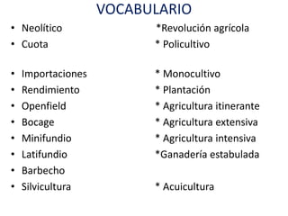 VOCABULARIO
• Neolítico               *Revolución agrícola
• Cuota                   * Policultivo

•   Importaciones         * Monocultivo
•   Rendimiento           * Plantación
•   Openfield             * Agricultura itinerante
•   Bocage                * Agricultura extensiva
•   Minifundio            * Agricultura intensiva
•   Latifundio            *Ganadería estabulada
•   Barbecho
•   Silvicultura          * Acuicultura
 