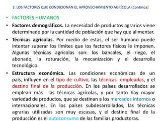3. LOS FACTORES QUE CONDICIONAN EL APROVECHAMIENTO AGRÍCOLA (Continúa)

• FACTORES HUMANOS
• Factores demográficos. La necesidad de productos agrarios viene
  determinado por la cantidad de población que hay que alimentar.
• Técnicas agrícolas. Por medio de estas, el ser humano puede
  intentar superar los límites que los factores físicos le imponen.
  Algunas técnicas agrícolas son: los bancales, el riego, el
  abonado, la roturación, la mecanización y el desarrolla
  tecnológico.
• Estructura económica. Las condiciones económicas de un
  país, influyen en el tipo de cultivo, las técnicas empleadas, y el
  destino final de la producción. En los países desarrollados se
  emplean más las técnicas agrícolas, y por tanto hay mayor
  variedad de productos, que se destinan a los mercados internos o
  internacionales. En los países subdesarrollados, las técnicas
  agrarias utilizadas son muy escasas, y el destino final de la
  producción es el autoconsumo de las familias productoras.
 
