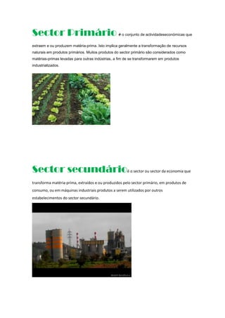 Sector Primário é o conjunto de actividadeseconómicas que
extraem e ou produzem matéria-prima. Isto implica geralmente a transformação de recursos
naturais em produtos primários. Muitos produtos do sector primário são considerados como
matérias-primas levadas para outras indústrias, a fim de se transformarem em produtos
industrializados.
Sector secundárioé o sector ou sector da economia que
transforma matéria-prima, extraídos e ou produzidos pelo sector primário, em produtos de
consumo, ou em máquinas industriais produtos a serem utilizados por outros
estabelecimentos do sector secundário.