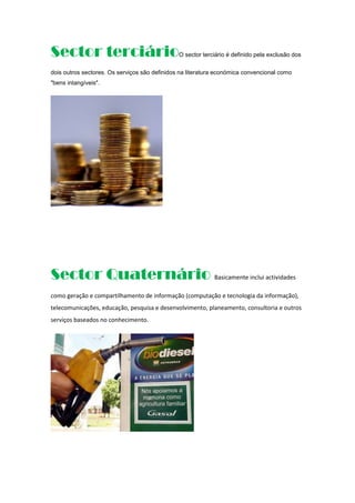 Sector terciário O sector terciário é definido pela exclusão dos
dois outros sectores. Os serviços são definidos na literatura económica convencional como
"bens intangíveis".
Sector Quaternário Basicamente inclui actividades
como geração e compartilhamento de informação (computação e tecnologia da informação),
telecomunicações, educação, pesquisa e desenvolvimento, planeamento, consultoria e outros
serviços baseados no conhecimento.