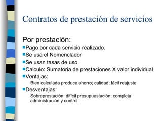 Contratos de prestación de servicios Por prestación:  Pago por cada servicio realizado.  Se usa el Nomenclador Se usan tasas de uso  Calculo: Sumatoria de prestaciones X valor individual Ventajas: Bien calculada produce ahorro; calidad; fácil reajuste Desventajas: Sobreprestación; difícil presupuestación; compleja administración y control.  