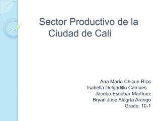 Sector Productivo de la
  Ciudad de Cali



                 Ana María Chicue Ríos
           Isabella Delgadillo Camues
               Jacobo Escobar Martínez
              Bryan Jose Alegría Arango
                             Grado: 10-1
 
