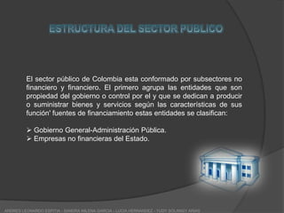El nivel territorial o regional que son las ubicadas en la provincia, estado o departamento, municipio, ciudad o localidad. Por ejemplo el poder ejecutivo del nivel nacional es dirigido por el Jefe de Estado, Presidente o Primer Ministro, quien tiene a su cargo todas las políticas administrativas de la nación, y el compromiso de hacer cumplir el ordenamiento legal para lo cual se sirve de todos los ministerios e instituciones que de ellos dependen. En cambio en el nivel territorial los gobernadores y los alcaldes lideran las políticas regionales de las zonas que les corresponde. ANDRES LEONARDO ESPITIA - SANDRA MILENA GARCIA - LUCIA HERNANDEZ - YUDY SOLANGY ARIAS