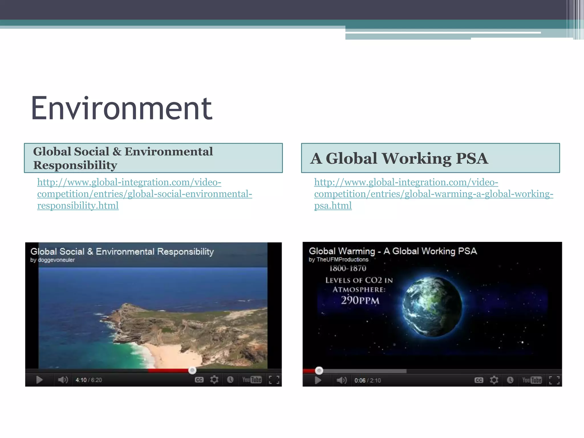 Environment
Global Social & Environmental
Responsibility                                     A Global Working PSA
http://www.global-integration.com/video-           http://www.global-integration.com/video-
competition/entries/global-social-environmental-   competition/entries/global-warming-a-global-working-
responsibility.html                                psa.html
 