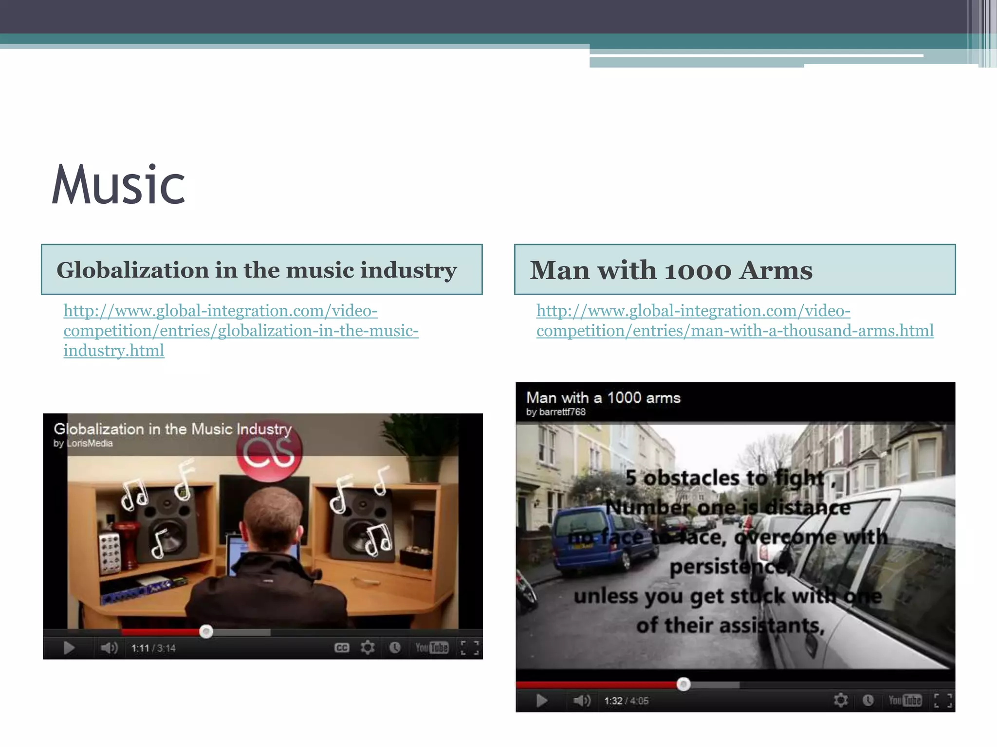 Music
Globalization in the music industry               Man with 1000 Arms
http://www.global-integration.com/video-          http://www.global-integration.com/video-
competition/entries/globalization-in-the-music-   competition/entries/man-with-a-thousand-arms.html
industry.html
 