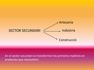 Artesania

  SECTOR SECUNDARI                          Indústria

                                         Construcció



En el sector secundari es transformen les primeres matèries en
productes que necessitem.
 