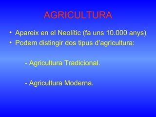 AGRICULTURA <ul><li>Apareix en el Neolític (fa uns 10.000 anys) </li></ul><ul><li>Podem distingir dos tipus d’agricultura:...