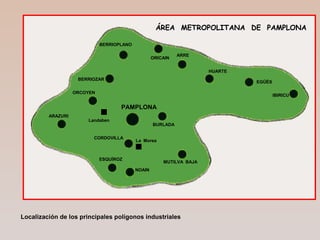 ÁREA METROPOLITANA DE PAMPLONA
ORICAIN
ARRE
HUARTE
EGÜÉS
IBIRICU
BERRIOPLANO
BERRIOZAR
ORCOYEN
PAMPLONA
BURLADA
La Morea
Landaben
CORDOVILLA
MUTILVA BAJA
NOAIN
ESQUÍROZ
ARAZURI
Localización de los principales polígonos industriales
 