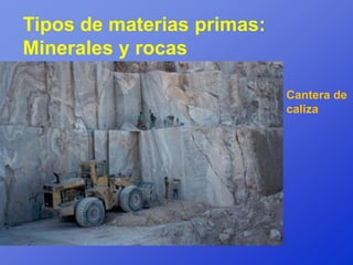 Tipos de materias primas:
Minerales y rocas

                            Cantera de
                            caliza
 